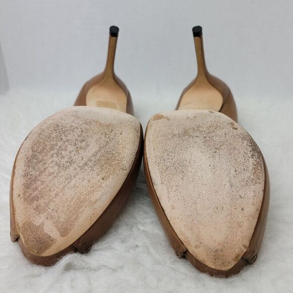 Gucci Brown Leather Whipstitch Trim Pumps Open Toe 264984 Heel Shoes Size 7 US - Picture 9 of 10